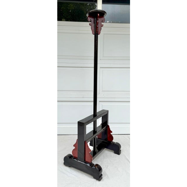 Pair of Antique Chinese Shanxi Elmwood Lantern Stands With Black Lacquer and Red Accents For Sale In Los Angeles - Image 6 of 10