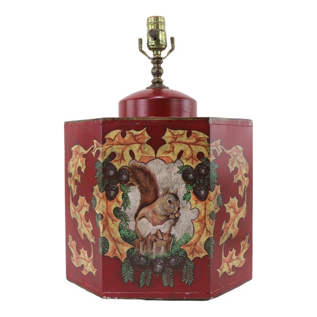 Vintage Colorful Hand-Painted Autumn Squirrel Hexagonal Tea Can Table Lamp For Sale