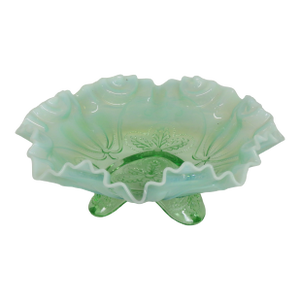 Jefferson Glass Meander Fluted Green Opalescent Candy Dish 3 Foot 4569b