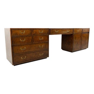 John Widdicomb Mid Century Campaign Style 3 Piece Burlwood Dresser and Vanity Set For Sale