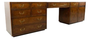 John Widdicomb Mid Century Campaign Style 3 Piece Burlwood Dresser and Vanity Set