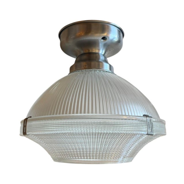 This is a great pair of vintage Holophane prismatic and ribbed glass flushmount light fixtures. Great with any style of...