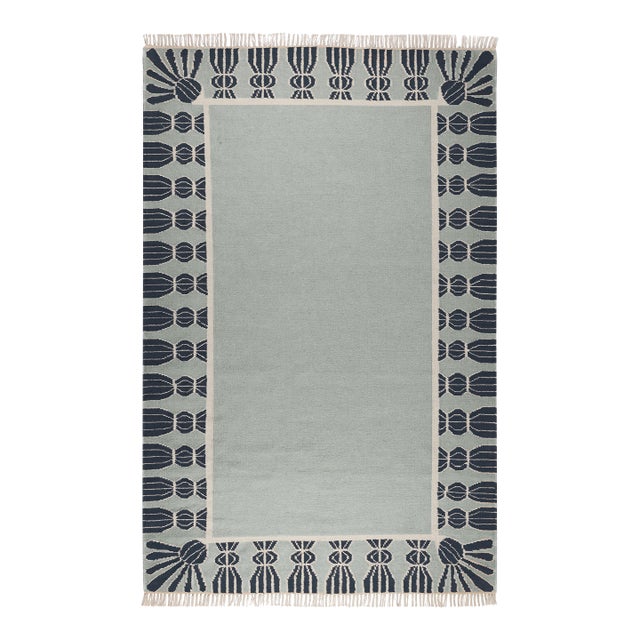 Part & Parcel Goods Wool Tassel Rug, 2’6” x 10', Sky Blue, Navy and Eggshell For Sale