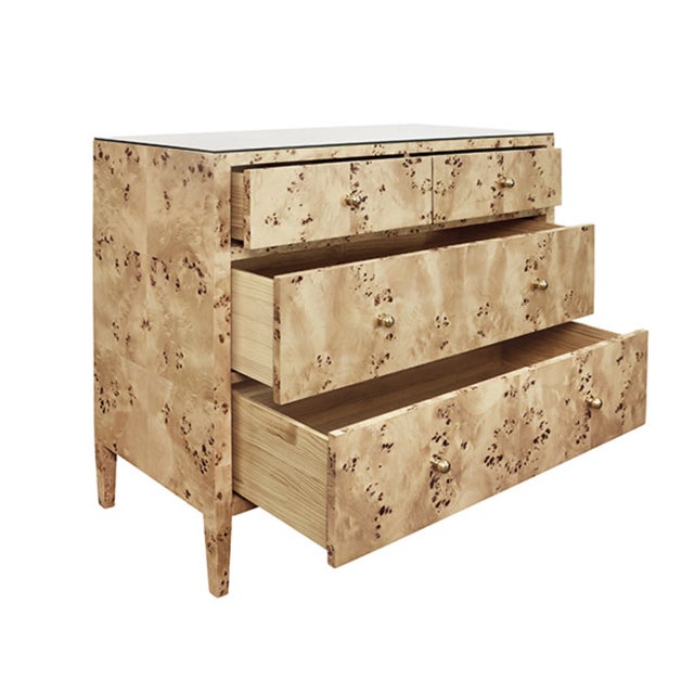 Worlds Away Matthew Izzo Home Michelle Light Burlwood Four Door Chest With Glass Top and Brass Knobs For Sale - Image 4 of 9