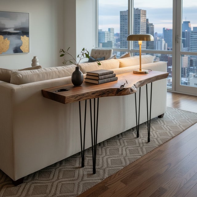 Handcrafted Live Edge Black Walnut Console Table With Hairpin Legs For Sale - Image 11 of 12