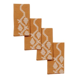 Sharland England Hand Embroidered Napa Napkins in Cognac, Set of 4 For Sale