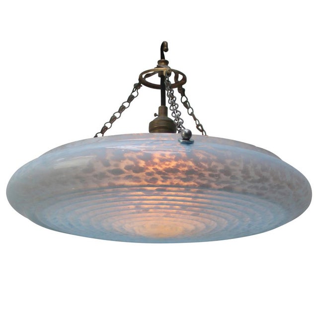 Metal Art Deco Pendant Lamp in Brass and Blue Glass, France, 1920s For Sale - Image 7 of 8