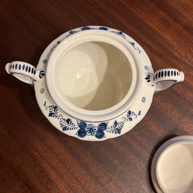 Ceramic Vintage Hand Painted Delft Blue Large Covered Sugar Bowl, Signed For Sale - Image 7 of 12