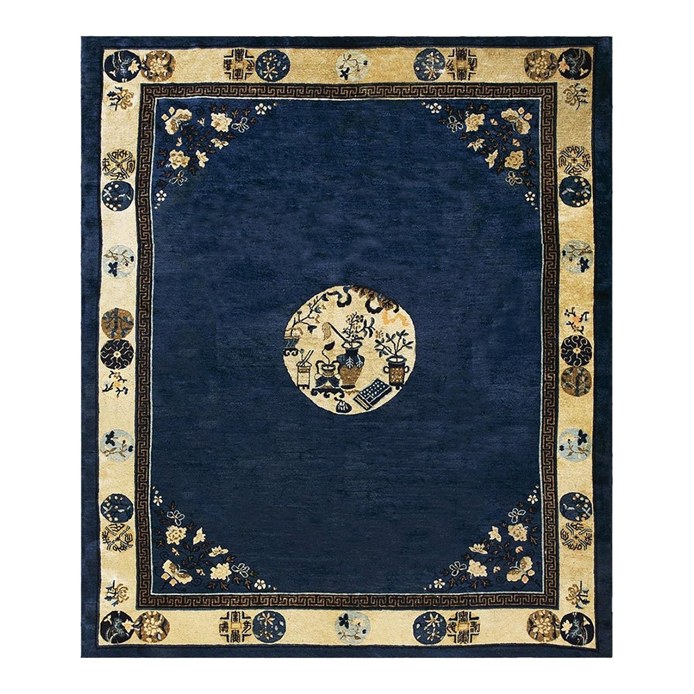 1920s Navy Field Medallion Floral Greek Key Antique Chinese Peking Rug ...