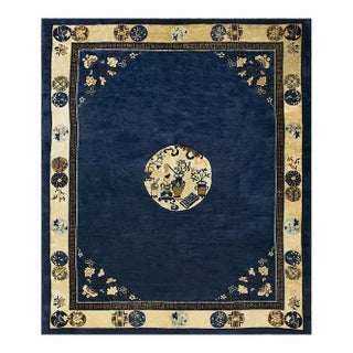 1920s Navy Field Medallion Floral Greek Key Antique Chinese Peking Rug For Sale