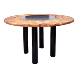 Brutalist 1970's French Primitive Round Dining Table in Wood W/ Solid Slate Inlay