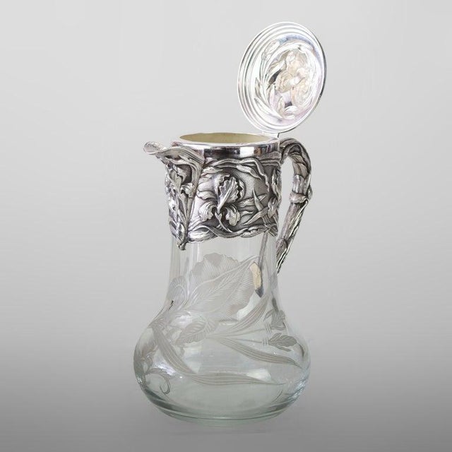 1920s Gorham Inspired Art Nouveau Floral High Relief Silver Plate & Etched Claret Jug For Sale - Image 4 of 5