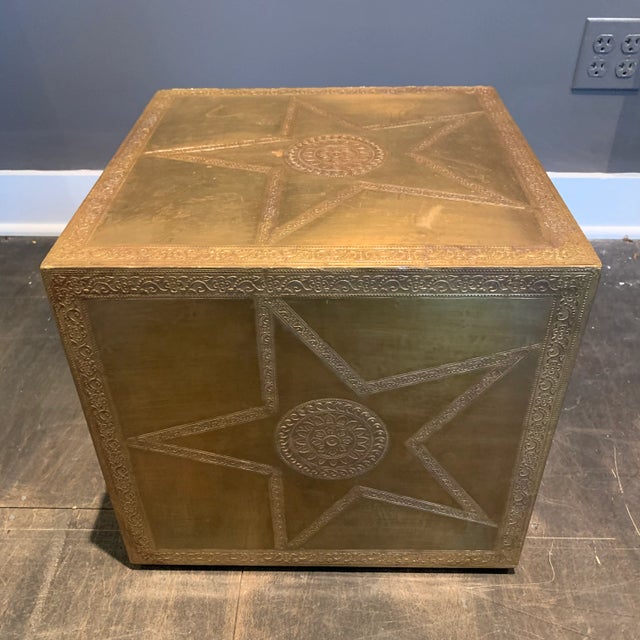 Metal Vintage Indian Hammered Brass Cube Side Table For Sale - Image 7 of 13