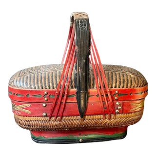 Vintage Asian Red and Green Basket For Sale