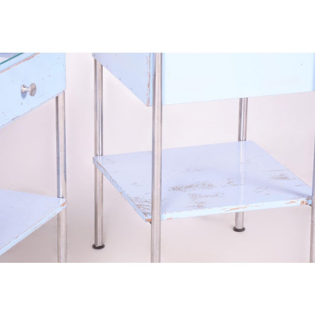 Blue Bauhaus Side Tables in Plywood and Chrome attributed to Mücke-Melder, Czech, 1930s, Set of 2 For Sale - Image 8 of 11
