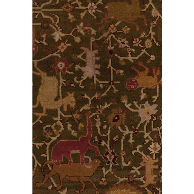 Antique Amritsar Rug in Greenish-Brown, Pink & Gold Medallion With Pictorials For Sale In New York - Image 6 of 8