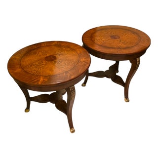 Mid 20th Century Baker Furniture Round Fruit Wood and Mahogany Bronze Mounts Claw Feet Gueridon Side Tables - Set of 2 For Sale