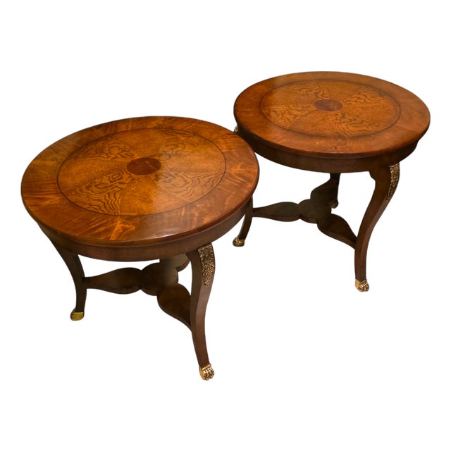Mid 20th Century Baker Furniture Round Fruit Wood and Mahogany Bronze Mounts Claw Feet Gueridon Side Tables - Set of 2 For Sale