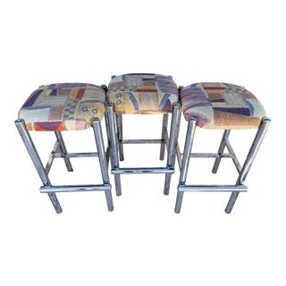 1970s Milo Baughman for Cal Style Furniture Co. Chrome Tubular Bar Stools - Set of 3 For Sale