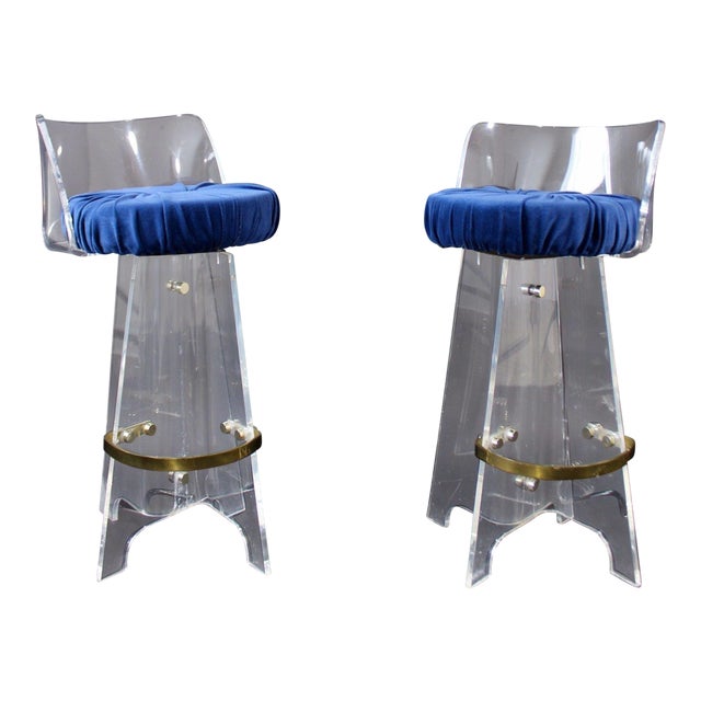 1970s Vintage Mid Century Modern Hollywood Regency Lucite & Brass Swivel Barstools - a Pair For Sale