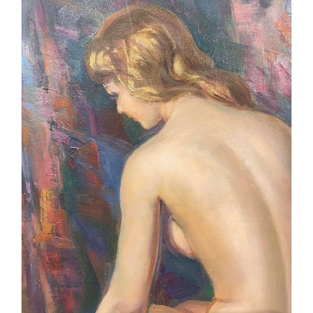 Textile Mid-Century French Framed Oil on Canvas Nude Painting Signed Albert Genta For Sale - Image 7 of 11