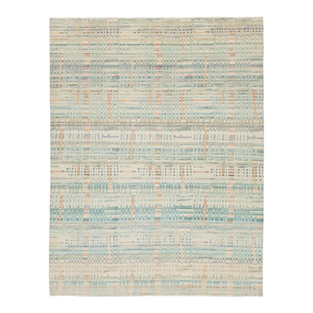 Modern Abstract Plaid Wool Area Rug in Pastel Aqua, Sage & Warm Terracotta 9x12 For Sale