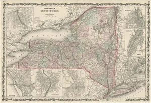 Large Antique Map of New York State with Inset Maps, 1861