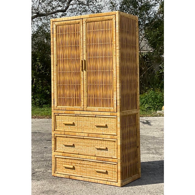 Late 20th Century Vintage Coastal Woven Rattan Armoire Chairish