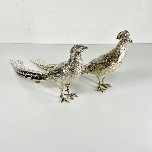 Early 20th C Vintage French Chippendale Hollywood Regency Game Bird Pheasant Silverplate Figurals - An Opposing Pair For Sale - Image 12 of 18