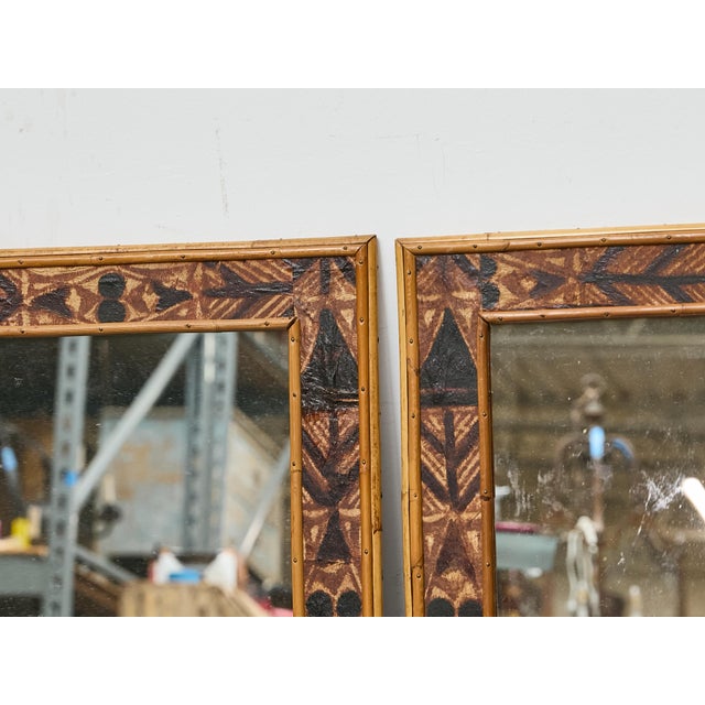 Pair of Painted Wood Mirrors with Bamboo Frames and Tribal Motif Detailing For Sale - Image 9 of 12