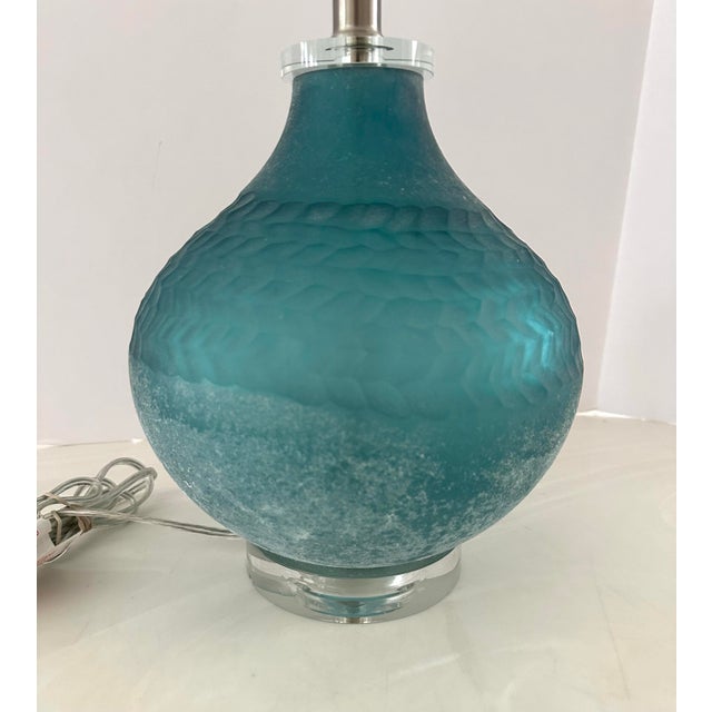 2000 - 2009 Aqua Blue Carved Art Glass Crystal Table Lamp For Sale - Image 5 of 8