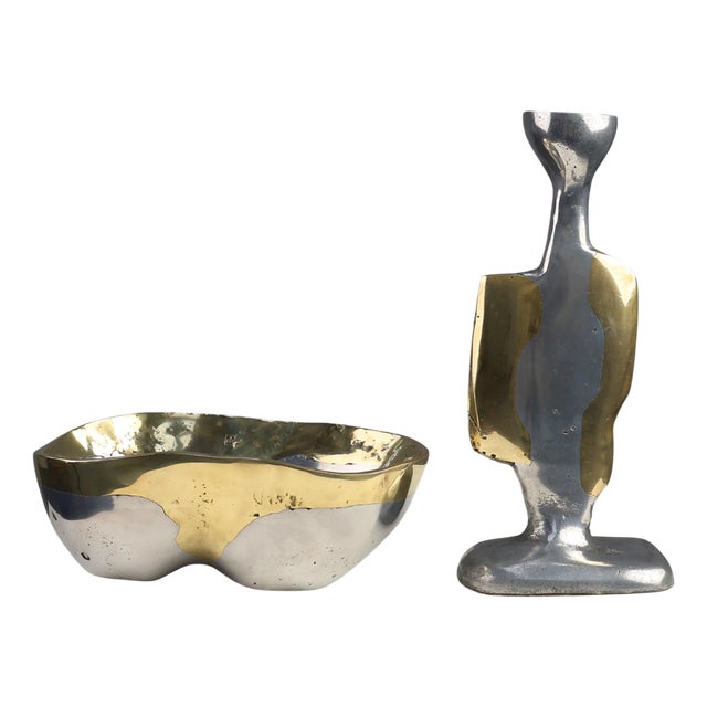 Candleholder and Bowl in Aluminum and Brass from David Marshall, United Kingdom, 1970s, Set of 2 For Sale