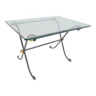 Vintage French Empire Style Iron and Glass Side Table With Brass Accents For Sale