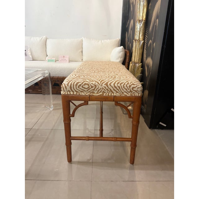 Mid-Century Modern Vintage Faux Bamboo Wood Bench Newly Upholstered Quadrille Fabric For Sale - Image 3 of 12
