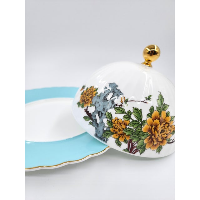 Exquisite Three-Piece Bone China Serving Set With Covered Dome Turquoise Border & Peony Motif For Sale - Image 10 of 13