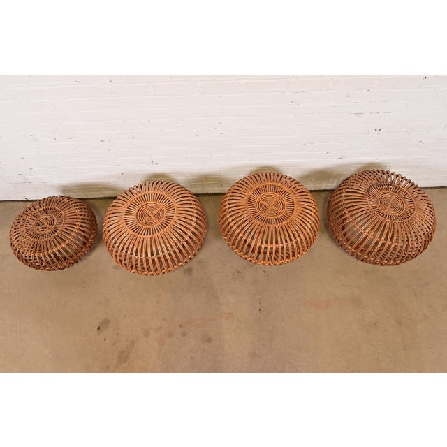 1950s Franco Albini Mid-Century Organic Modern Italian Rattan Pouf Ottomans, Set of Four For Sale - Image 5 of 12