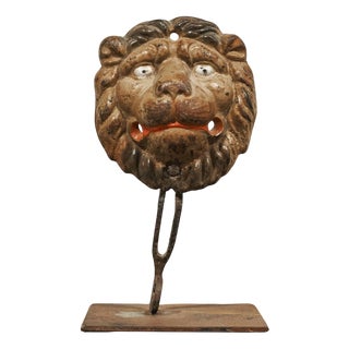Antique Lions Head in Polychrome and Cast Iron on Stand, 1890s For Sale