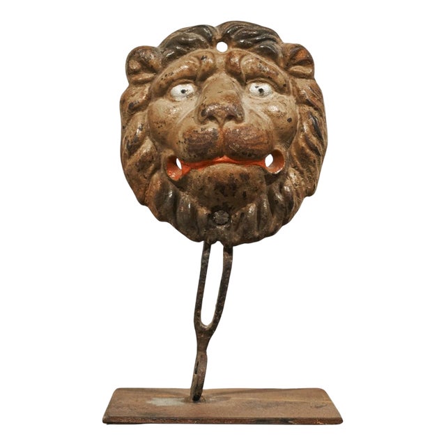 Antique Lions Head in Polychrome and Cast Iron on Stand, 1890s For Sale
