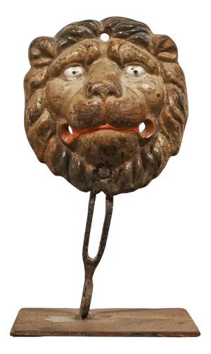 Antique Lions Head in Polychrome and Cast Iron on Stand, 1890s