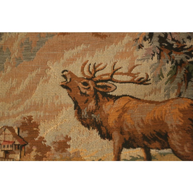 Brown Vintage Alpine Mountain Chalet Deer Woodland Scene Flemish Tapestry For Sale - Image 8 of 18
