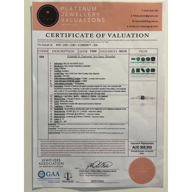 Metal 14ct White Gold Emerald & Diamond "Art-Deco" Bracelet 8.19ct For Sale - Image 7 of 7