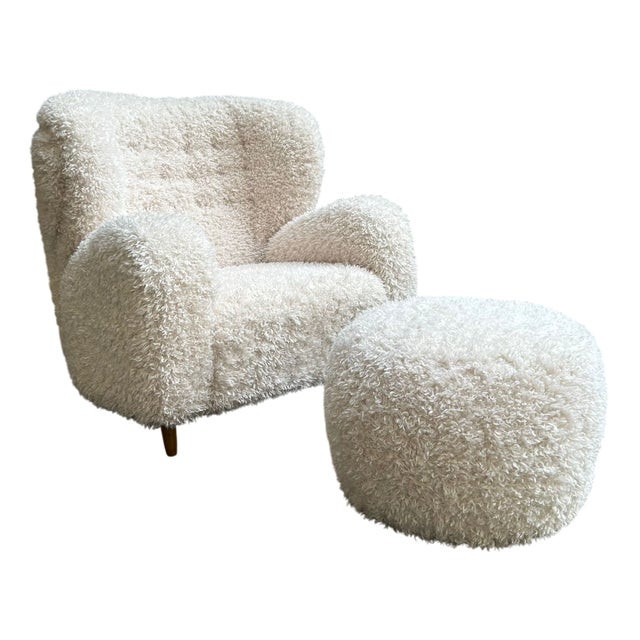 Set of Scandinavian Wing Lounge Chair and Ottoman in Long-Haired Fabric, 2000s, Set of 2 For Sale
