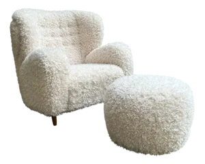 Set of Scandinavian Wing Lounge Chair and Ottoman in Long-Haired Fabric, 2000s, Set of 2