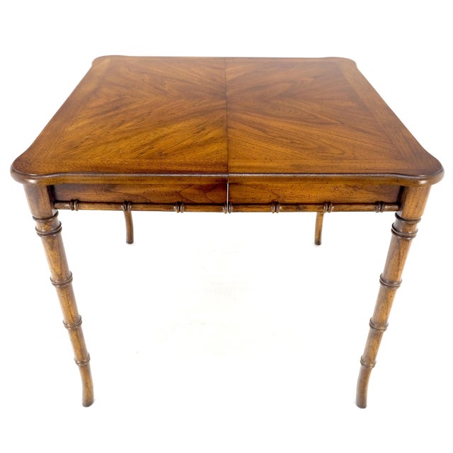 1970s Faux Bamboo Compact Dining 34x34 Game Table 1 Leaf 4 Chairs Set For Sale - Image 5 of 12