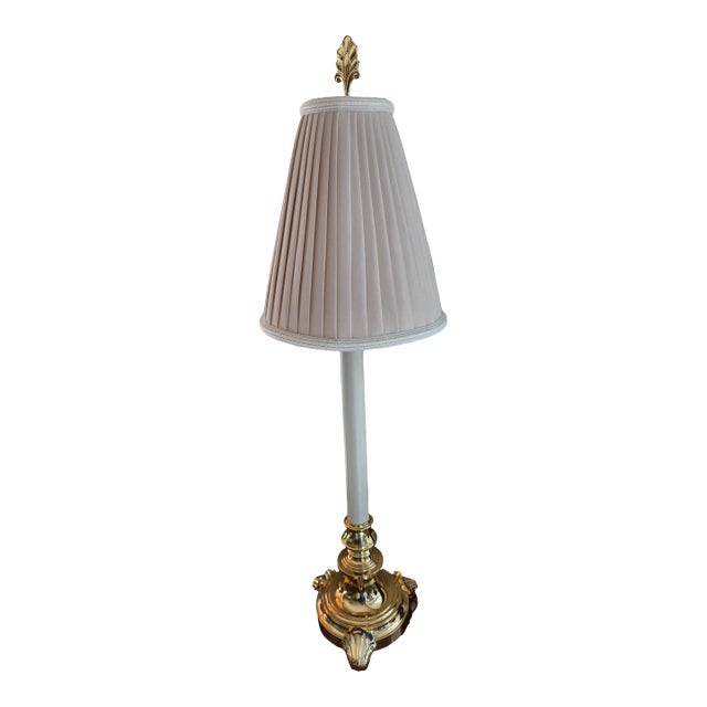 Vintage Stiffel Brass Buffet Table Candlestick Lamp With Stiffel Linen Shade For Sale