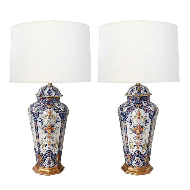 19th Century French Polychromed Faience Octagonal Urn Lamps - a Pair For Sale In San Francisco - Image 6 of 6