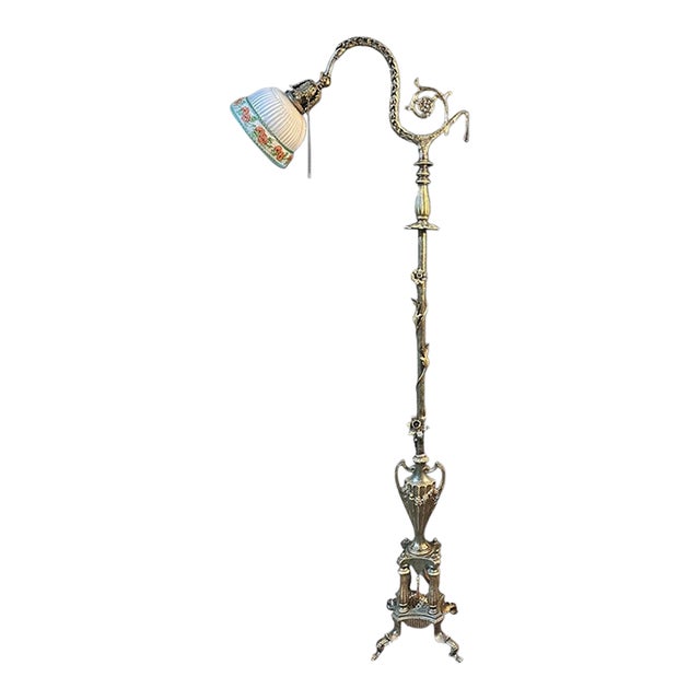 1910s Ornate Brass Bridge Lamp With Floral Shade For Sale