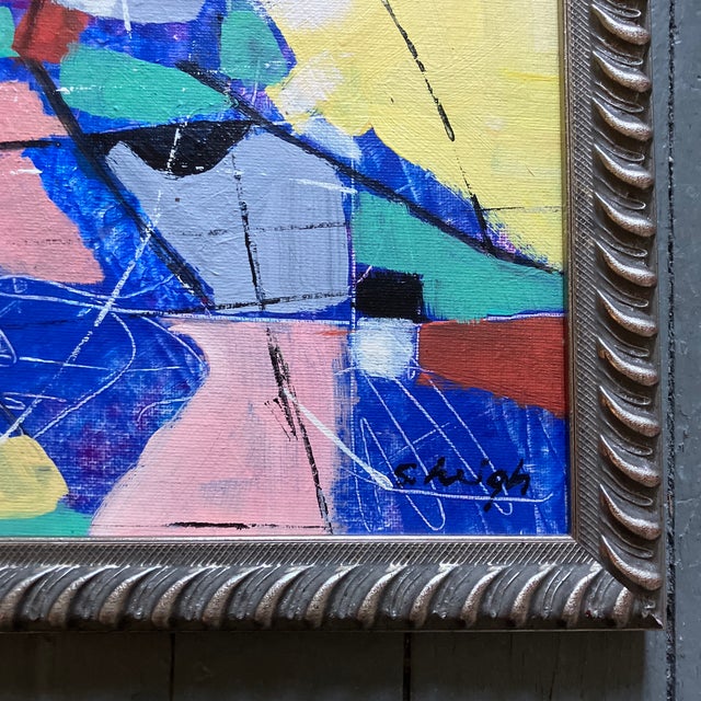 Contemporary original abstract painting by Stephen Heigh, signed and framed. Measures 16x12 & 17.5x13.5 framed.