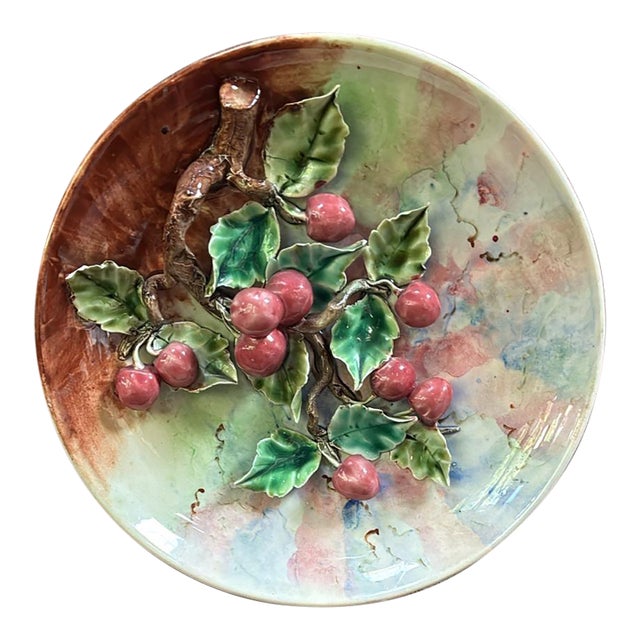 Rare 19th Century French Majolica Cherries Fives Lille Platter For Sale
