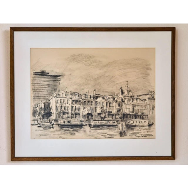 Black Engelman, Amsterdam City Waterfront, 1980, Charcoal Drawing, Framed For Sale - Image 8 of 8